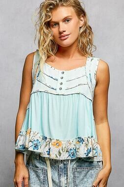 POL Square Neck Jersey Floral Trim Boho Tank Top - Pale Sky